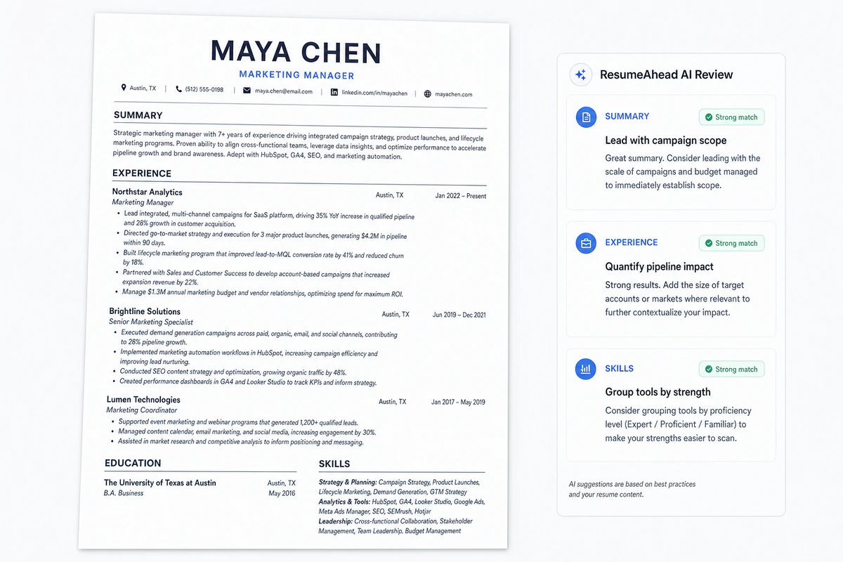 Marketing Manager resume example with ResumeAhead AI review notes
