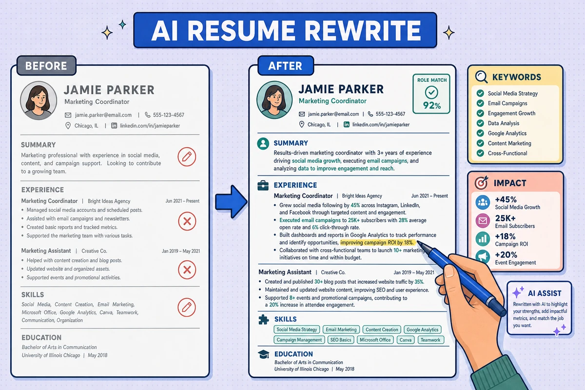 Detailed before-and-after AI resume rewrite illustration