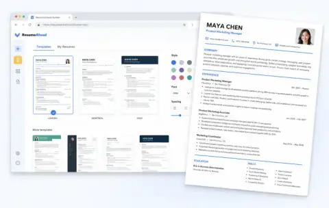 ResumeAhead template gallery with a completed professional resume preview